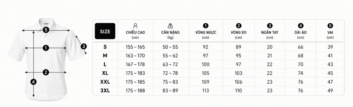 Hướng dẫn chọn size sơ mi SOMINE tay ngắn